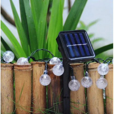 Садовая гирлянда на солнечной батарее хрустальные шарики 60 led 11м. белый, 8 режимов