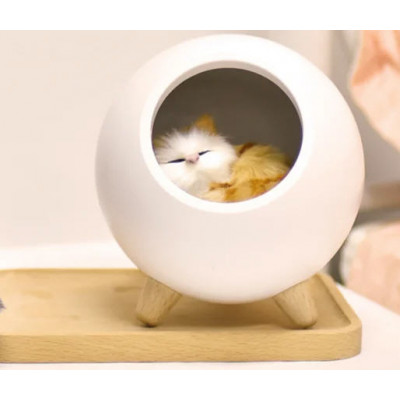  Ночник котик в домике из бука светильник,  3 степени яркости, белый