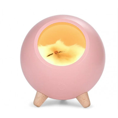 Детский ночник котик в домике из бука светильник 3 степент яркости, розовый